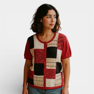 VINTAGE ALFRED DUNNER Top Women Size Large Red Short Sleeves Knit Button-up